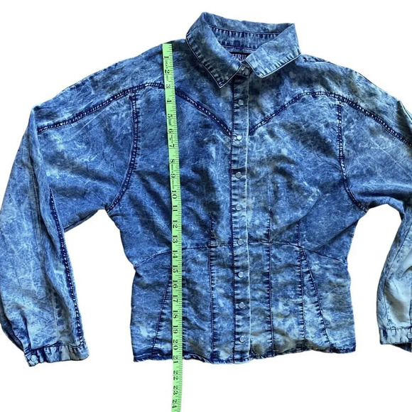 Thrill Jeans Denim Shirt, Medium, Pearl Snap‎ 80's Acid Washed Western Smocking - Picture 10 of 12